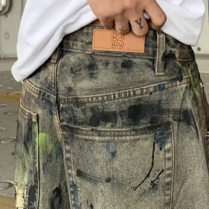 PFHQ 2026 Printemps Nouveau Jean déchiré tendance pour homme Coupe droite ample Lavé Décoration imprimée graffiti Mode Pantalon en denim 21P2102