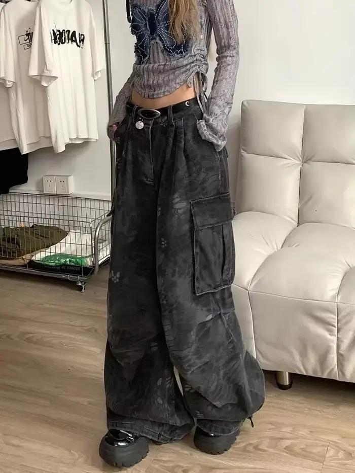 Goth Dark Academia Jeans Femmes Grunge Japonais Abi Y2K Denim Pantalon Cargo Années 2000 Goblin Core Harajuku Cyber