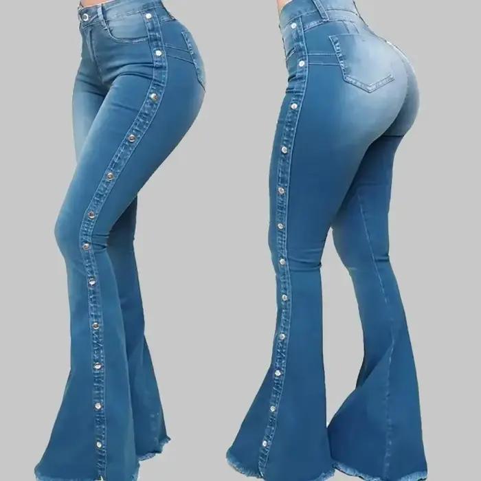 Jeans évasés taille haute pour femmes, pantalons streetwear vintage, longueur au sol, printemps, automne, bleu, gris, noir, taille standard