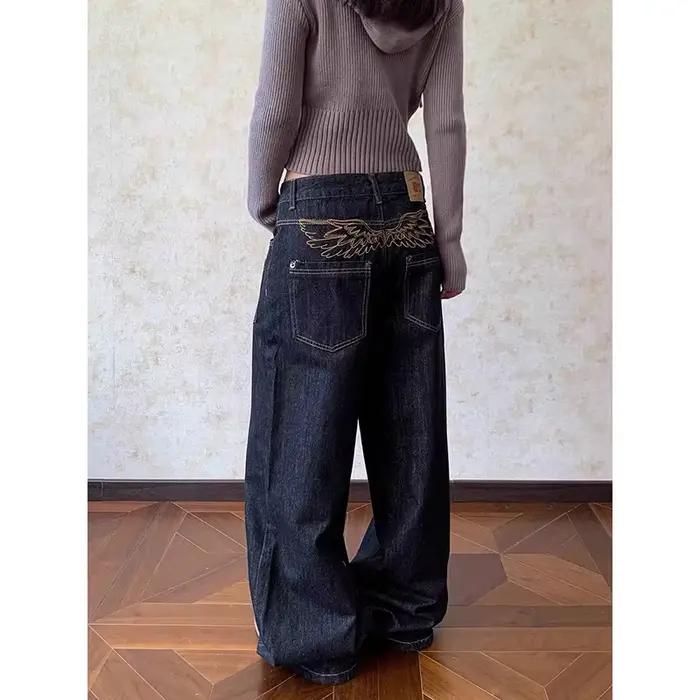ZHIZOU femmes Chic Baggy broderie jean Grunge japonais taille basse Y2K Denim pantalon 2000s esthétique Harajuku Abi
