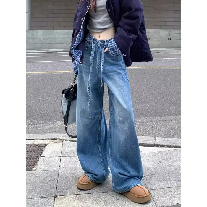 Jeans à jambes larges pour femmes Taille haute avec détail de cordon de serrage Coupe ample