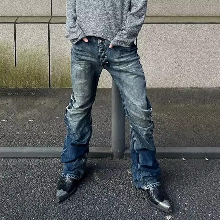 LUZHEN Original Niche Design Streetwear hommes coupe ajustée pantalon en Denim droit 2025 nouveau dégradé lavé plissé jean décontracté JY4511