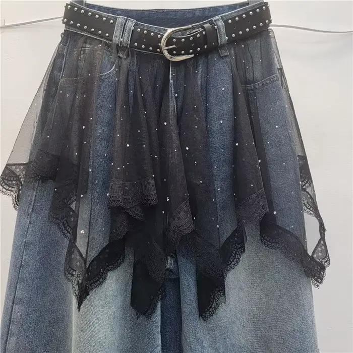 Jean mi-long en denim style jeune fille avec dentelle pour femmes, occassions printemps été, style patchwork, versatile, streetwear
