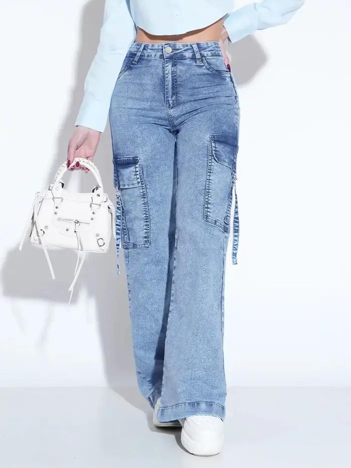 Jean utilitaire délavé pour femme avec plusieurs poches – Pantalon