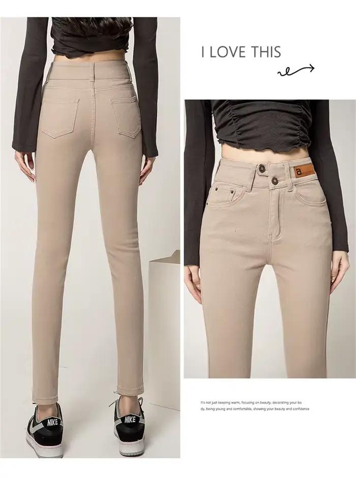 Jean Skinny Taille Haute Femme Boutonné Style Y2K en Denim Extensible Classique Amincissant Jeggings Pantalon Kaki Noir