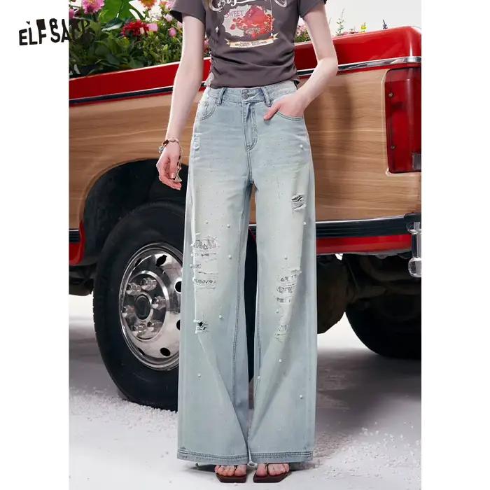 ELFSACK Jean bleu clair délavé à jambes larges