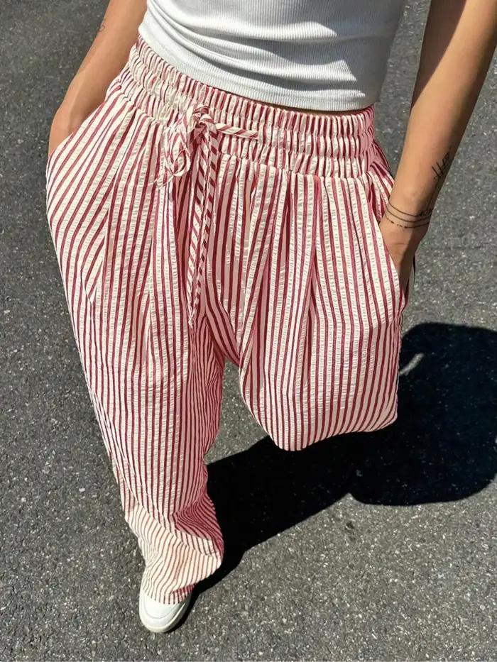 Grande taille mode femme 1XL-5XL confortable rayé cordon pantalons décontractés ample Stretch