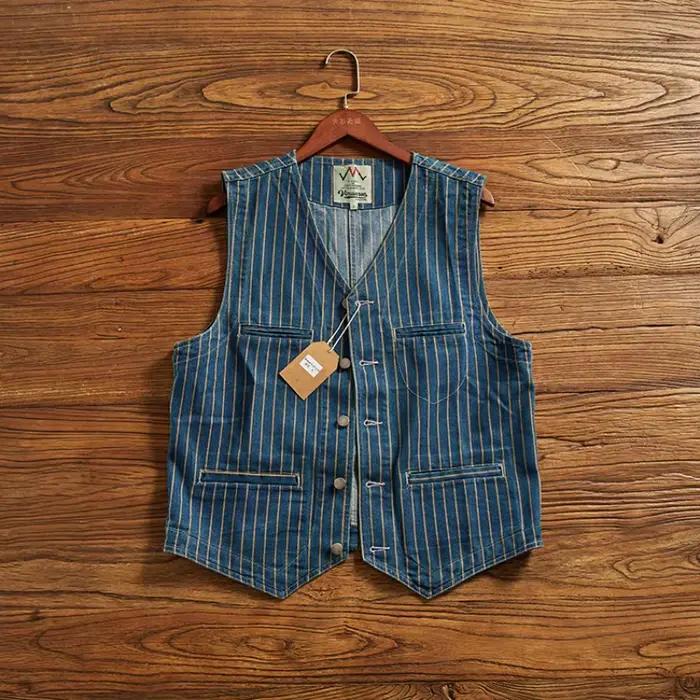 Mai kaki denim gilet hommes mode vintage do vieux rayé