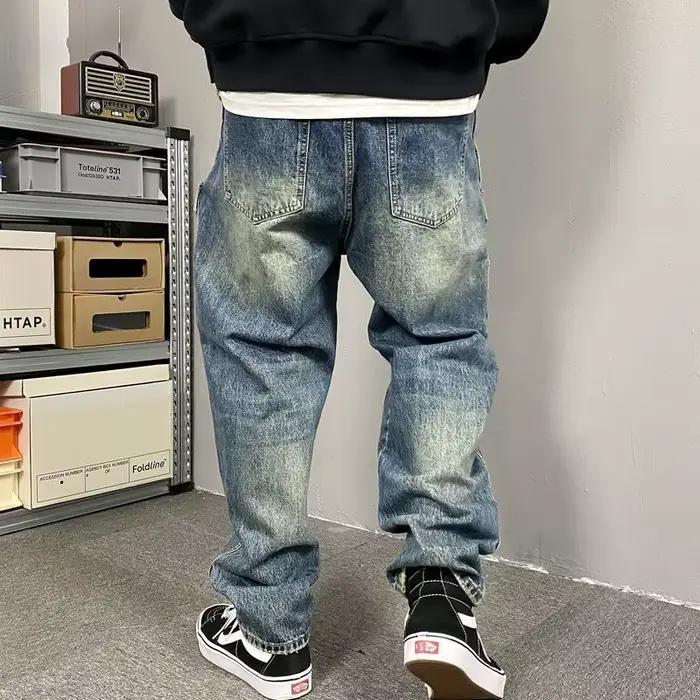Automne américain décontracté ruffian beau lavé rétro outillage jean hommes droit ample haute rue pantalon conique marée