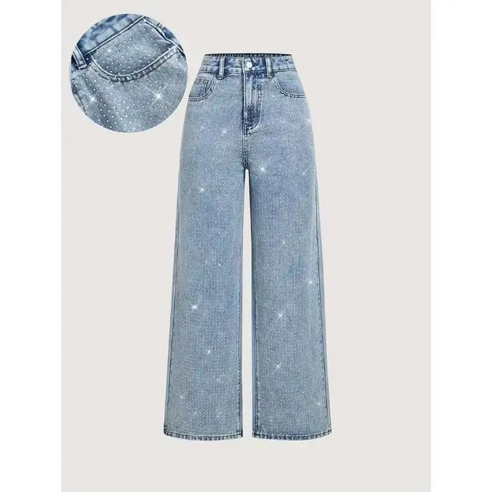 Femmes diamants épissé jean élégant décontracté taille Midi Denim pantalon solide poches bouton