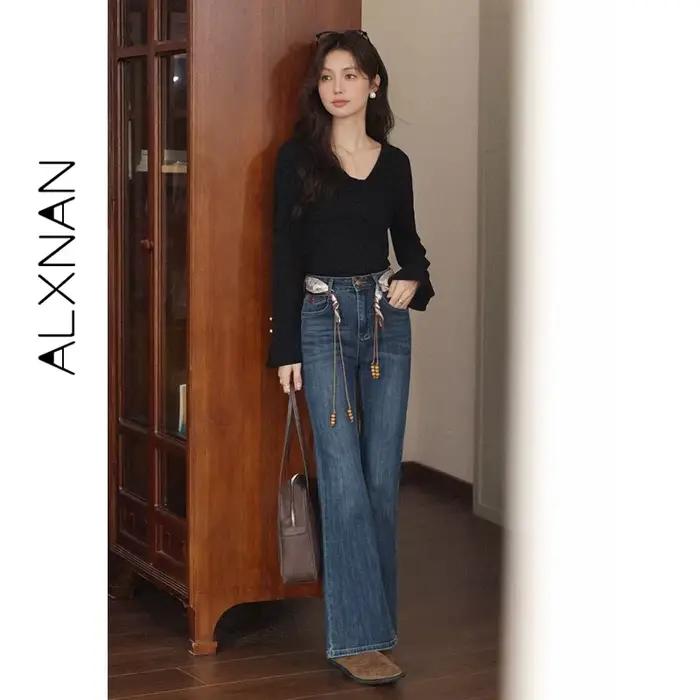 ALXNAN Jean bleu vintage taille haute en coton évasé pour femme