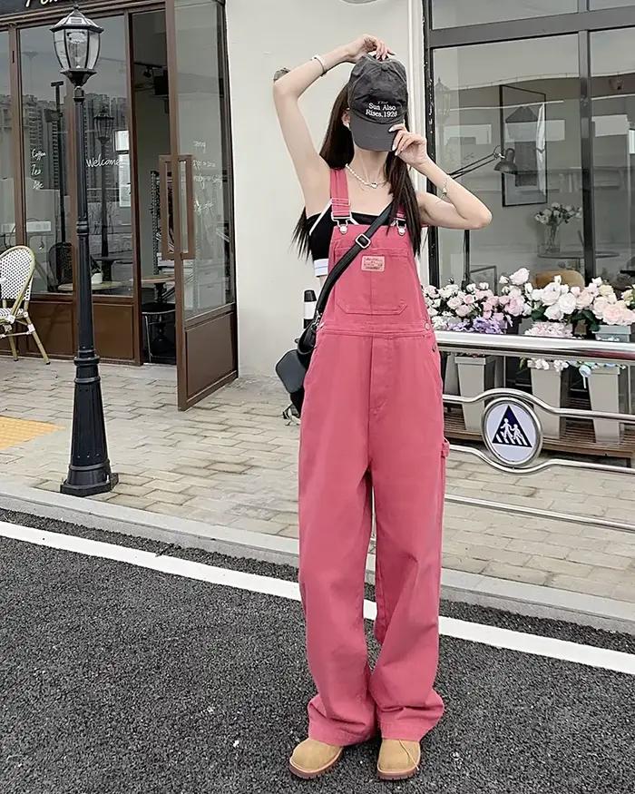 Combinaison Free Valley Style Preppy Femmes Pantalon à Jambes larges Rose Casual Denim Salopette Printemps Été