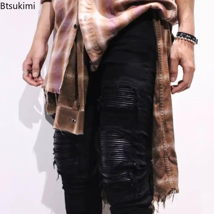 Nouveau Jean Slim Extensible pour Homme avec Trous Déchirés et Patchwork Pantalon en Denim Déchiré à Taille Élastique Coupe Droite Décontractée Tendance Streetwear Occasions Spéciales