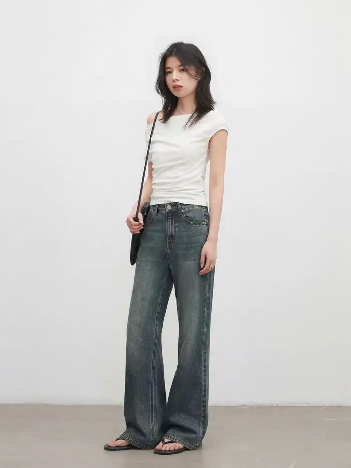 CHIC VEN Jean Femme Tendance Bleu Rétro Taille Haute Slim en Denim Micro-projectile Printemps-Été 2026
