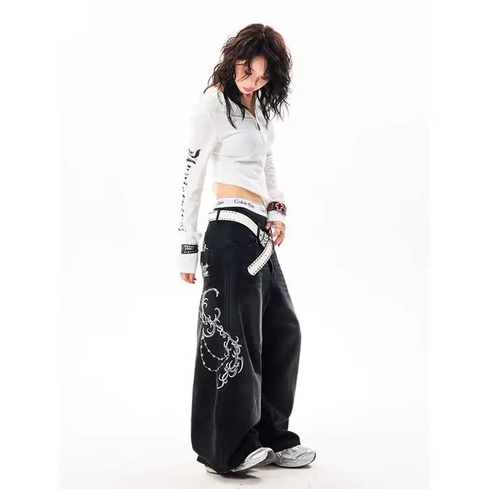 YIBASHU femmes Vintage broderie Y2K Baggy jean femme taille haute 2000s jambe large Denim pantalon américain rétro