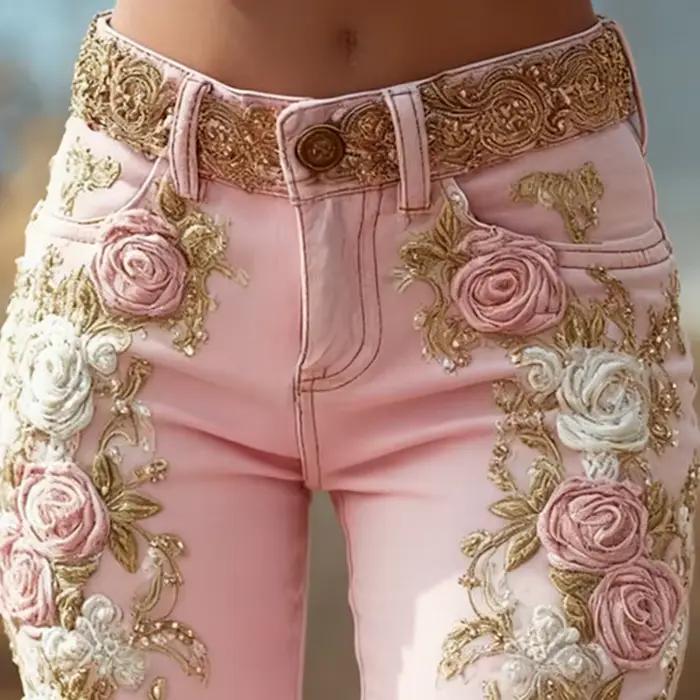 Pantalon Jean romantique imprimé fleur Rose vintage élégant pour femmes décontracté chic Harajuku automne hiver été