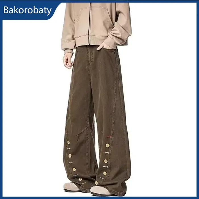 Nouveau Jean Homme Rétro à Boutons Marron Coupe Ample Décontracté Droit Courbé en Denim Printemps 2026 Style High Street Y2K