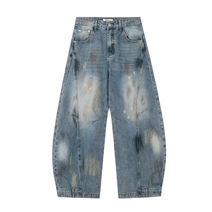 Jean Américain Vintage Effet Vieilli Tie-Dye Graffiti pour Homme