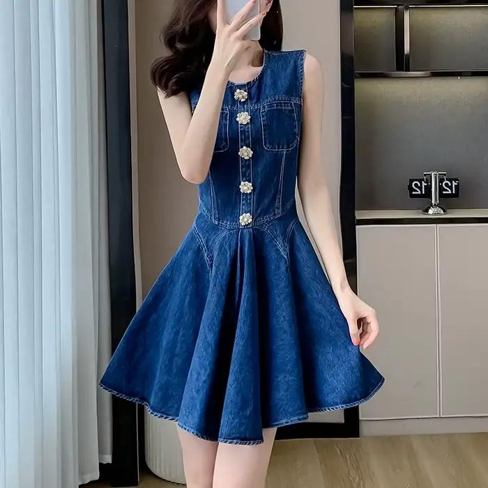 Mini Robe en Jean à Col Rond pour Femme