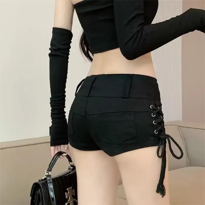 Short en jean coréen taille basse 2024 - Riveté à lacets moulant noir pantalon chaud Vintage effronté butin été TikTok Y2K tenue