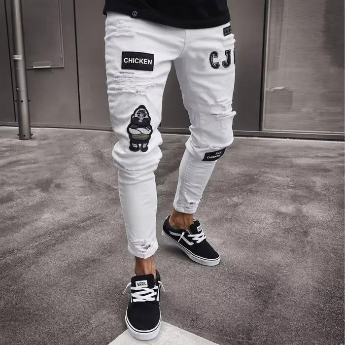 2023 Blanc Broderie Skinny Déchiré Jeans Hommes Coton Extensible Slim Fit Hip Hop Denim Pantalon