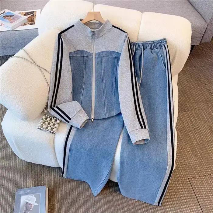 Femmes Denim 2 pièces ensemble rayé longue veste à lacets lavé en détresse jambe large pantalon automne femme 2025 Streetwear ensembles assortis