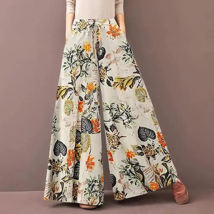 Femmes imprimé fleuri Pantalon à jambes larges printemps automne mode cordon bohême Pantalon dames décontracté ample taille élastique Pantalon