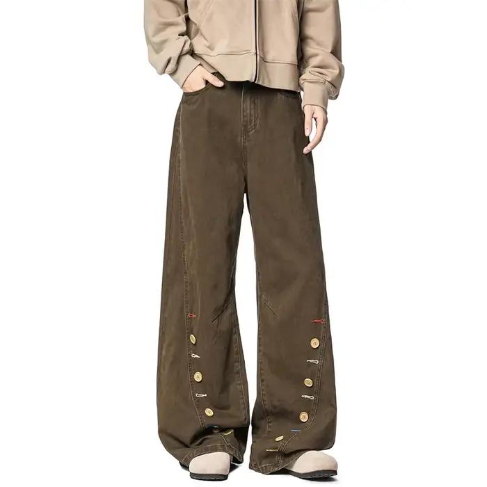 Jean Américain Rétro Marron Coupe Ample à Boutons pour Homme