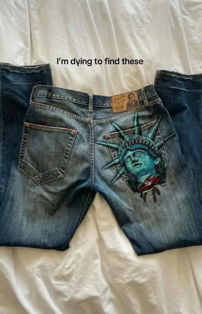 Vintage années 2000 Statue de la Liberté Jean Taille haute Baggy Pantalon