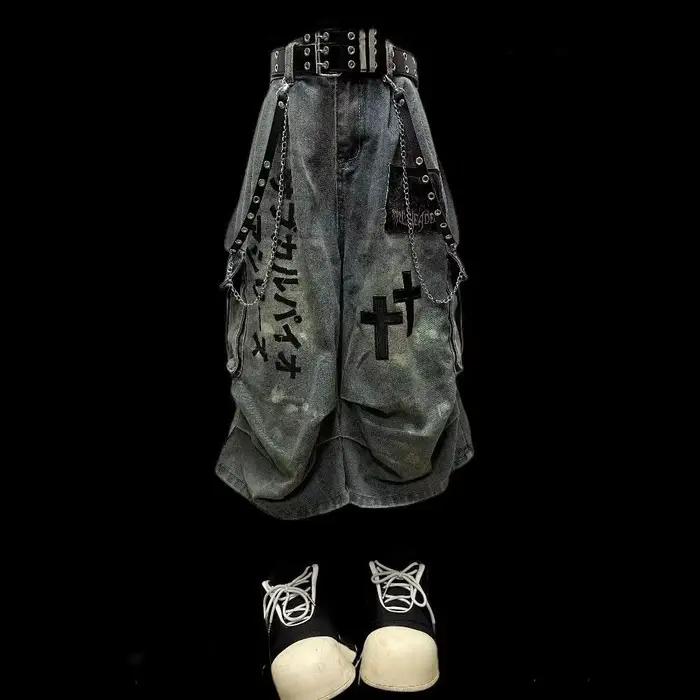Été femmes Goblin Core croix Denim Jorts Shorts Y2k mollet longueur Jean pantalon poubelle Y2K Abi japonais Cyber Punk Grunge unisexe