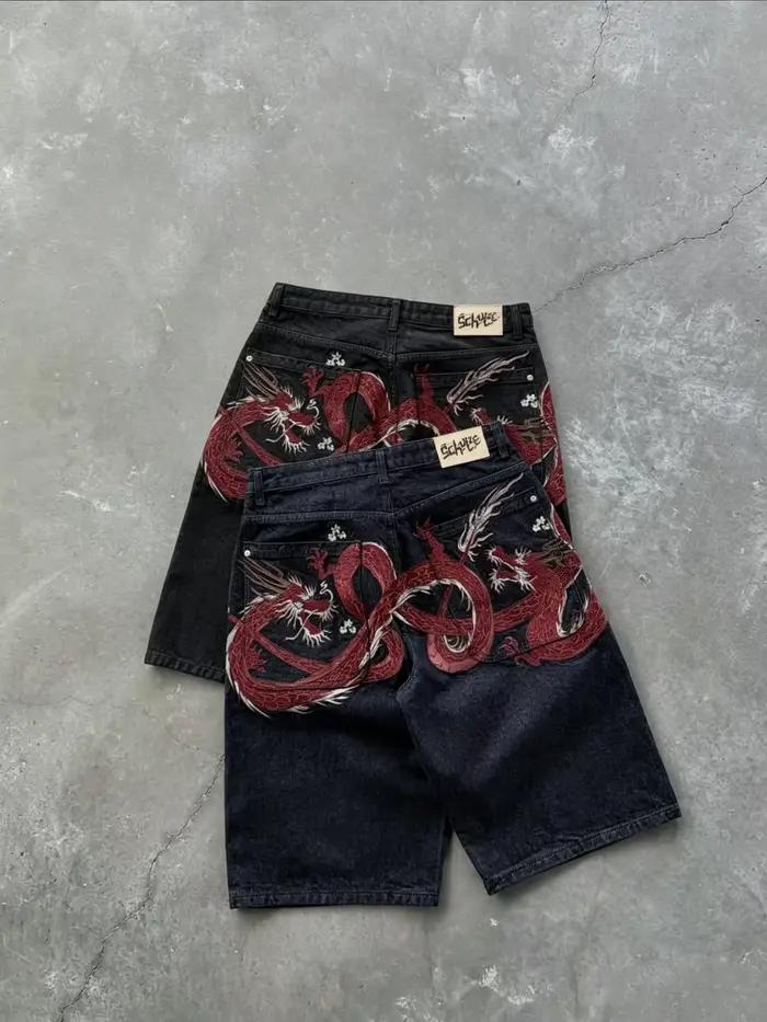 Shorts en jean brodés de dragons et de fleurs japonais pour hommes et couples