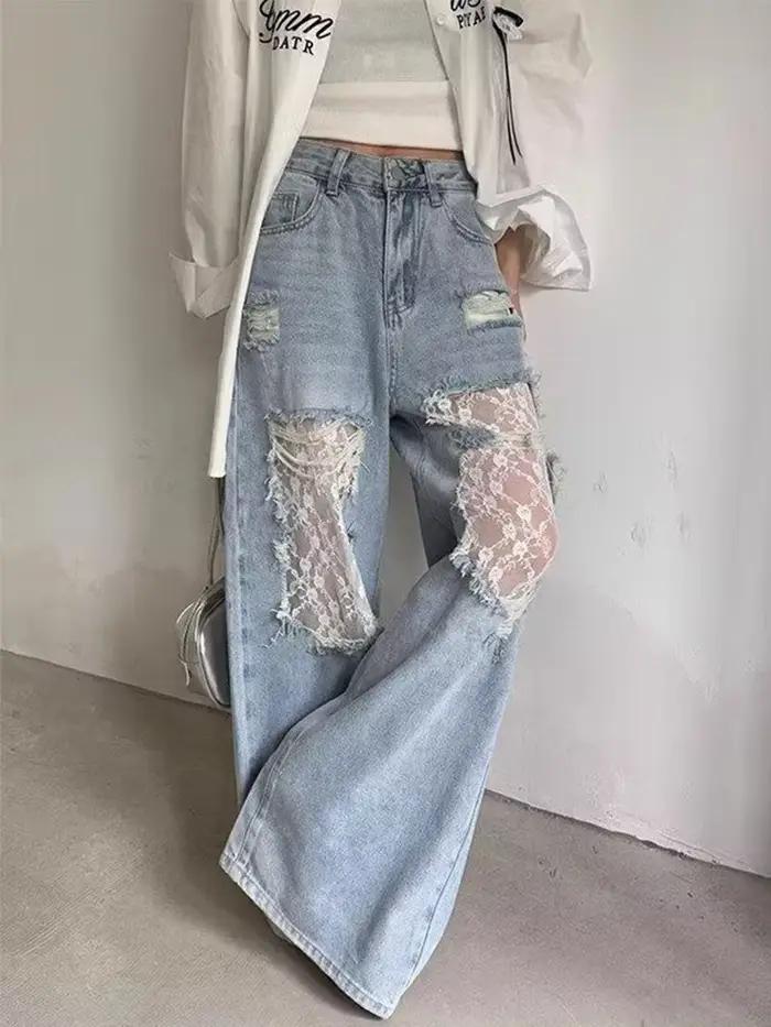 Jean déchiré style Y2K rétro américain des années 2000 avec empiècements en dentelle pour femme