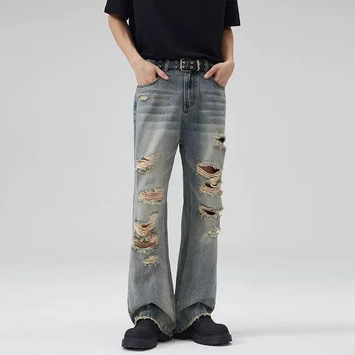 KSTUN jean en détresse hommes déchiré Hiphop moto Denim pantalon évasé