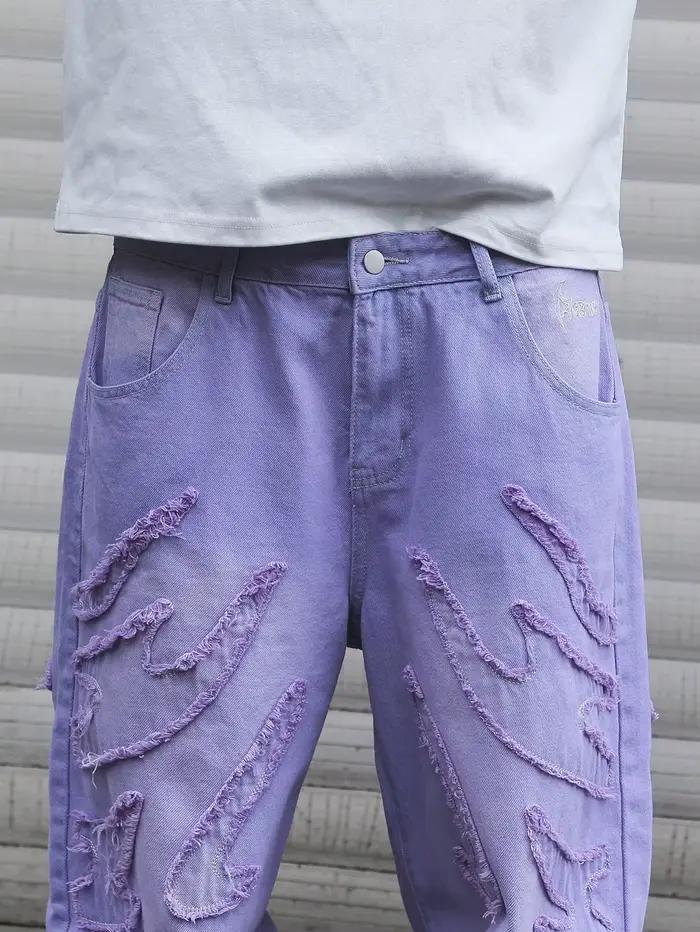 Jean effiloché violet en détresse de style de rue pour hommes