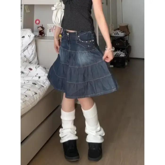 Femmes Denim jupes ample a-ligne taille haute Jupe mode été coréen Saia 2025 Faldas Mujer De Moda Vintage décontracté