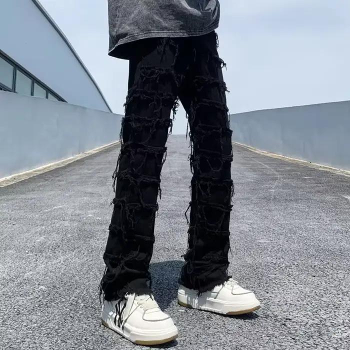 Jeans délavés pour hommes, style hip-hop rétro, denim vintage, coupe droite, ajustement confortable, fermeture bouton volant, polyester coton, adapté aux quatre saisons