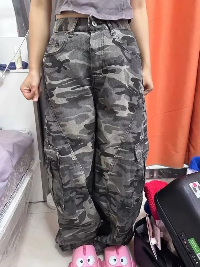Jean de Camouflage taille haute pour femmes, Vintage, poches multiples, Hip Pop des années 2000, Baggy Y2K, pantalon en Denim, rétro américain, jambes larges