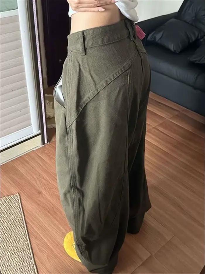 Botvotee Baggye jean pour femmes armée vert taille haute ample Vintage Y2k Long Denim pantalon femme mode Streetwear