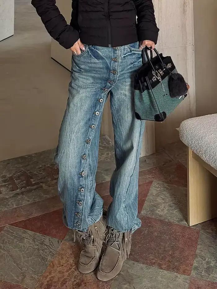 American Spice Girl Jeans Pantalon de sol rétro délavé avec patte inclinée et boutons pour enfants