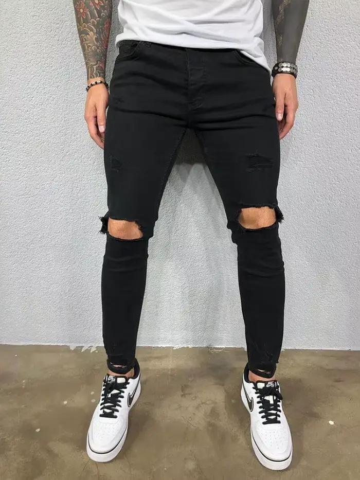 Mode rue Style genou déchiré jean moulant hommes Vintage lavage solide Denim pantalon