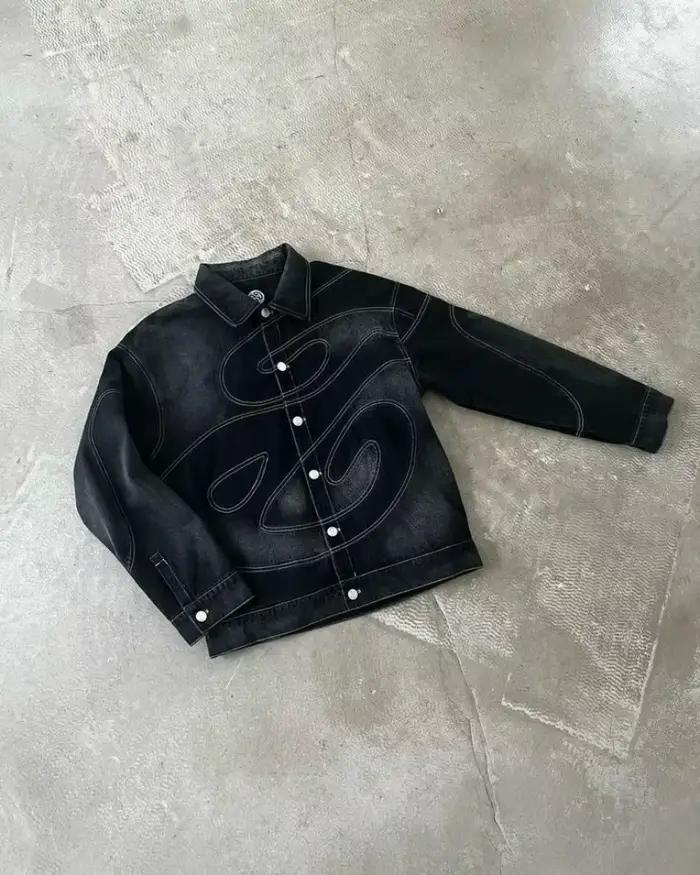 Patch Jeans Veste brodée à rayures rétro Ensemble deux pièces Costume Y2k pour hommes Harajuku hiphop
