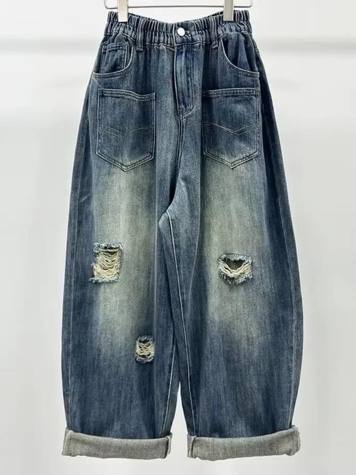 Pantalon large en jean déchiré d'été