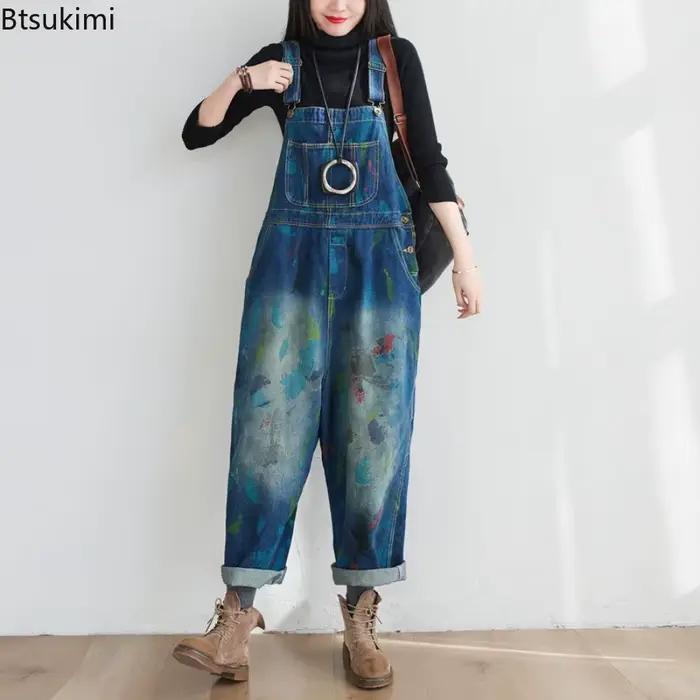 Salopette en jean délavé vintage pour femme, mode d'automne décontracté, style coréen, pantalon ample, streetwear, occasion quotidienne et festive