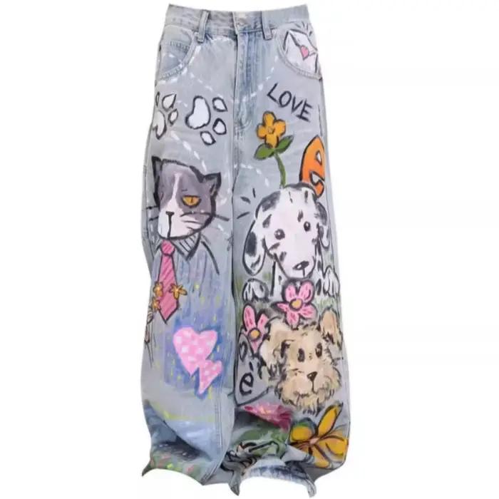 Jeans imprimés Doodle style américain décontracté vintage coupe droite ample pantalon jambes larges baggy y2k pour dames