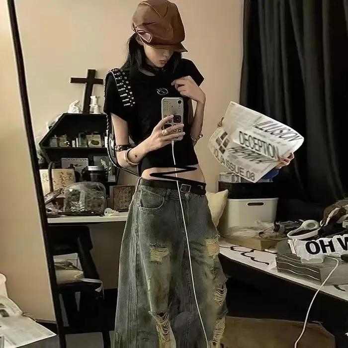 Jean en denim taille haute à jambe large pour femme