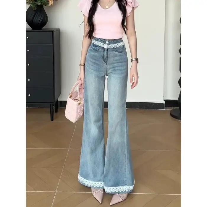 Jeans en dentelle pour femmes collection printemps été 2026 coupe ample avec dentelle et volants polyester durable étanches occasions spéciales et quotidiennes