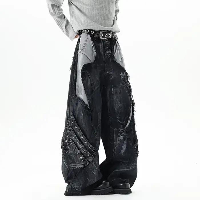 IEFB haute rue hommes Denim pantalon Patchwork contraste couleur cordon bord brut sale-teinture usé mâle jean nouveau 9X1768
