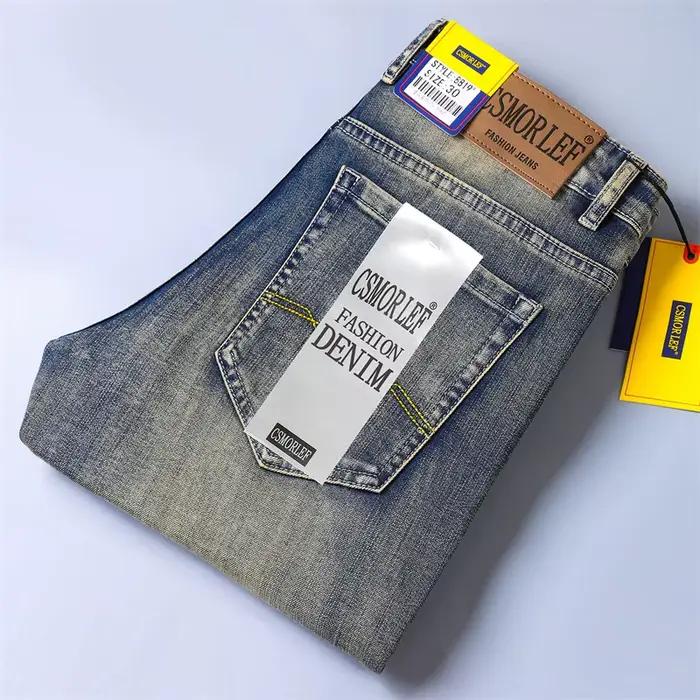 Jean Four Seasons pour homme, coupe slim droite, denim élastique délavé, style vintage, polyvalent pour toutes les saisons, ajustement mince et fermeture par braguette zippée