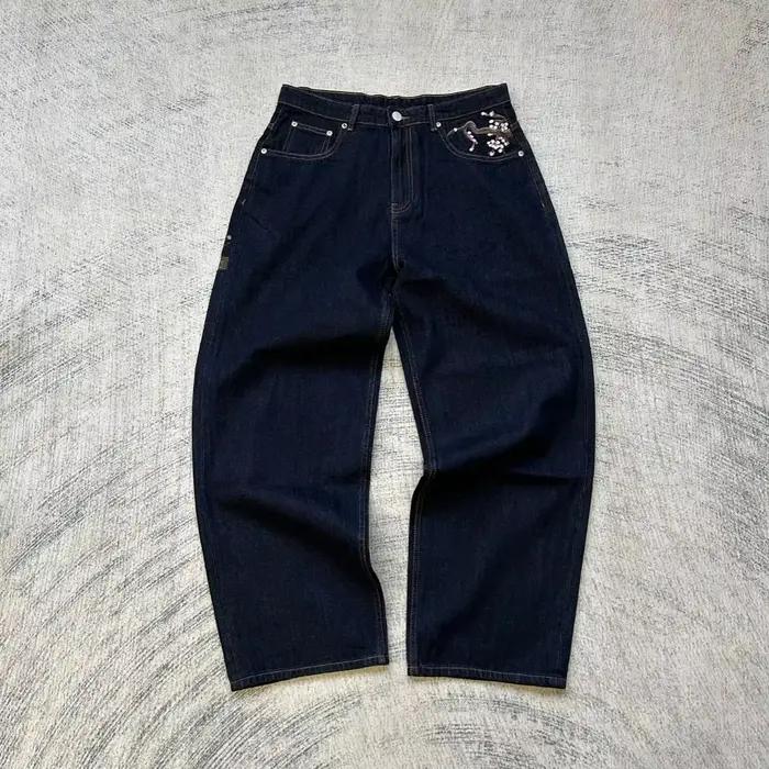 Jean Baggy BiggOrange Brodé Fleurs Cerisier Pantalon Vintage Taille Basse Jambes Larges Vêtements Y2K Hommes Femmes Occasions Décontractées
