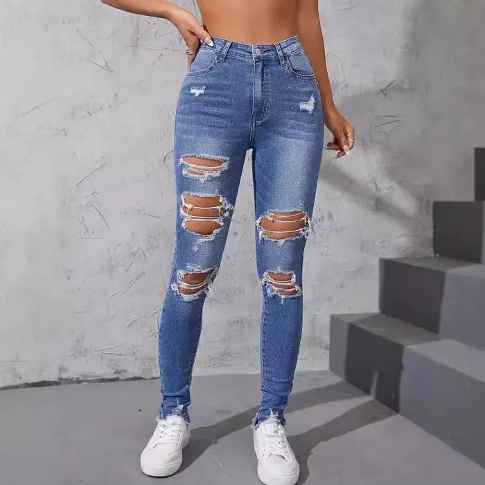 Jean slim déchiré délavé pour femmes, nouvelle mode de rue, taille haute, pantalon décontracté à petites jambes, pantalon crayon, printemps et automne